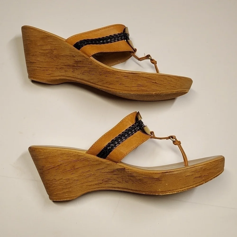 Mila Paoli Leather Wedge Sandals Tan and Black Size 9